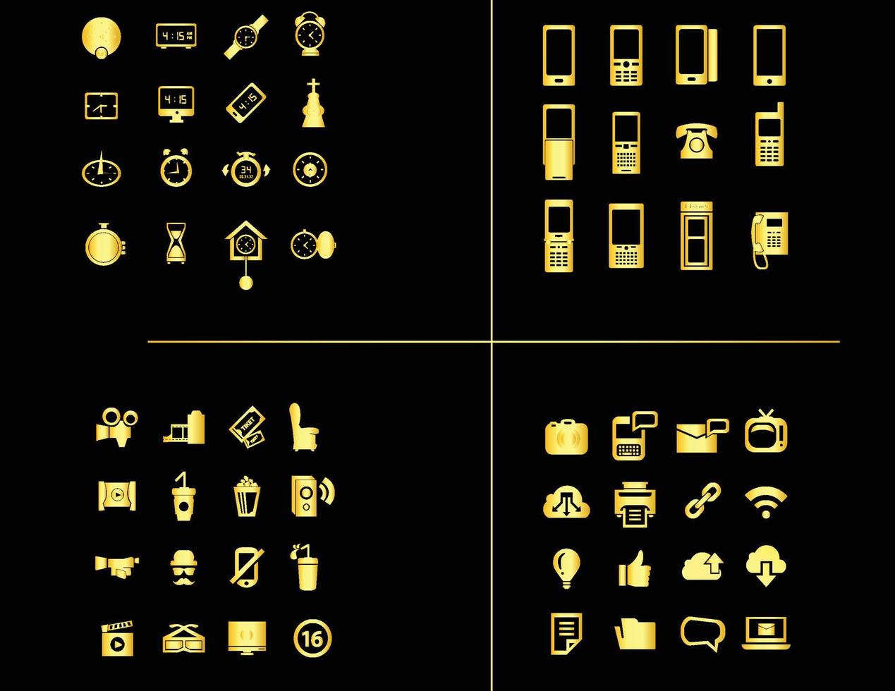 Gold clock, computer, cinema social media icons vector