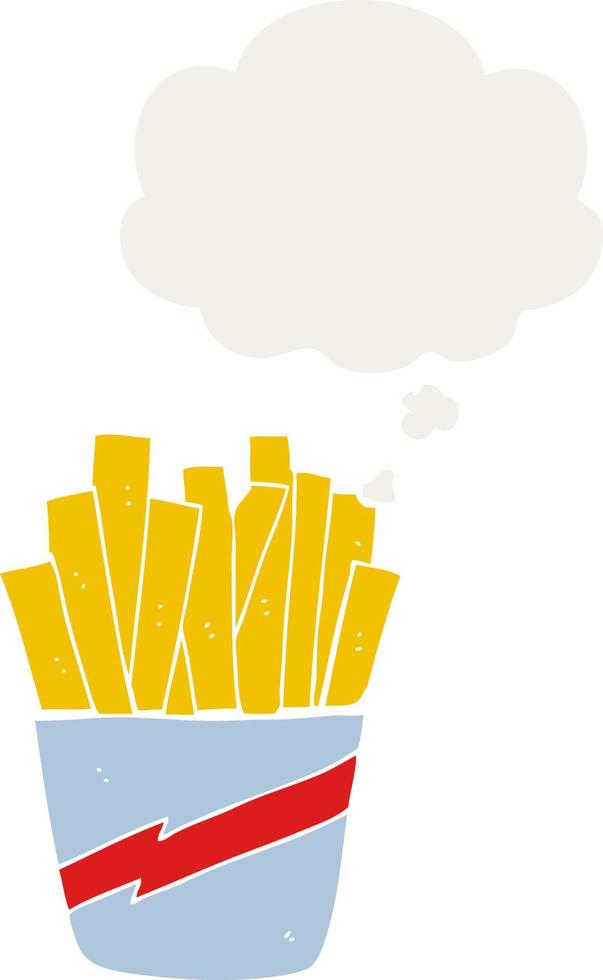 caricatura, caja, de, papas fritas, y, pensamiento, burbuja, en, estilo retro vector