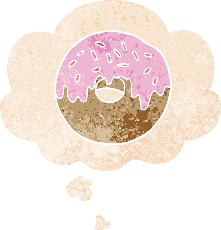 donut de dibujos animados y burbuja de pensamiento en estilo retro texturizado vector