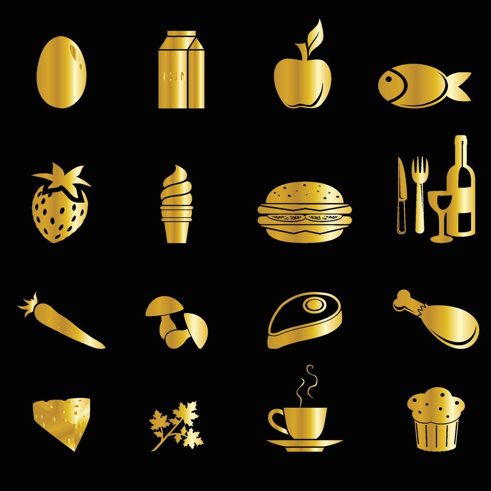 Gold food icons isolated on black background vector