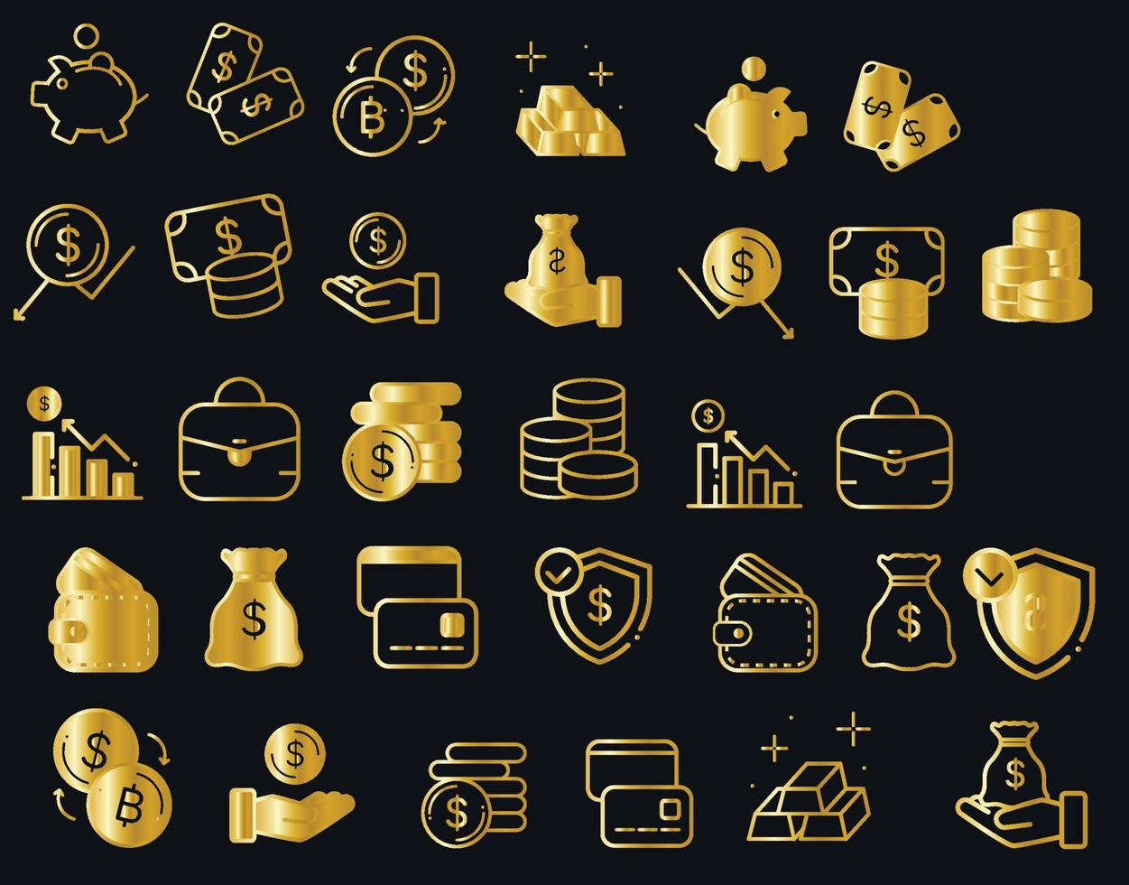 Gold financial icons isolate on black background vector