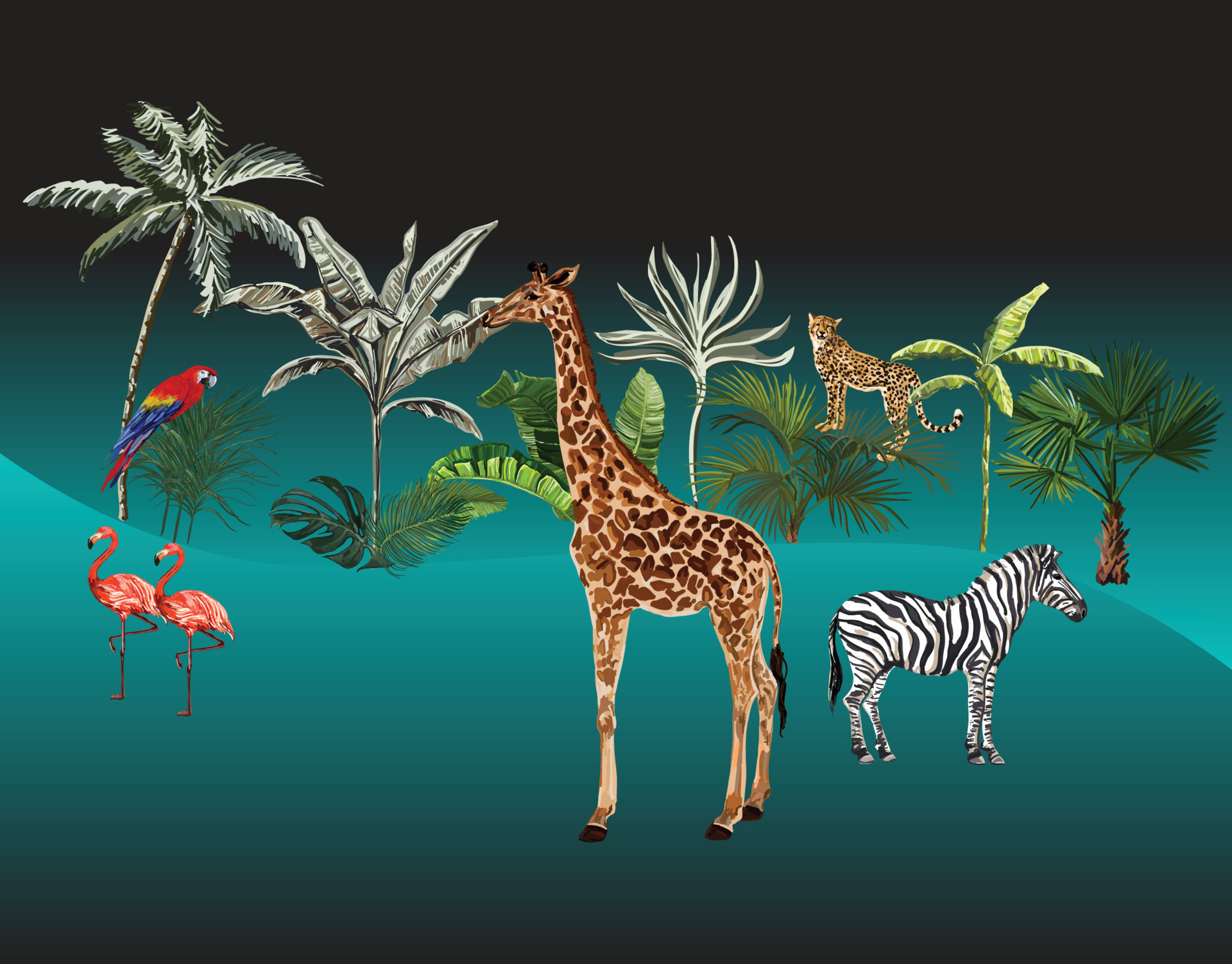 Tropical background with palm trees leaves leopard zebra giraffe parrot