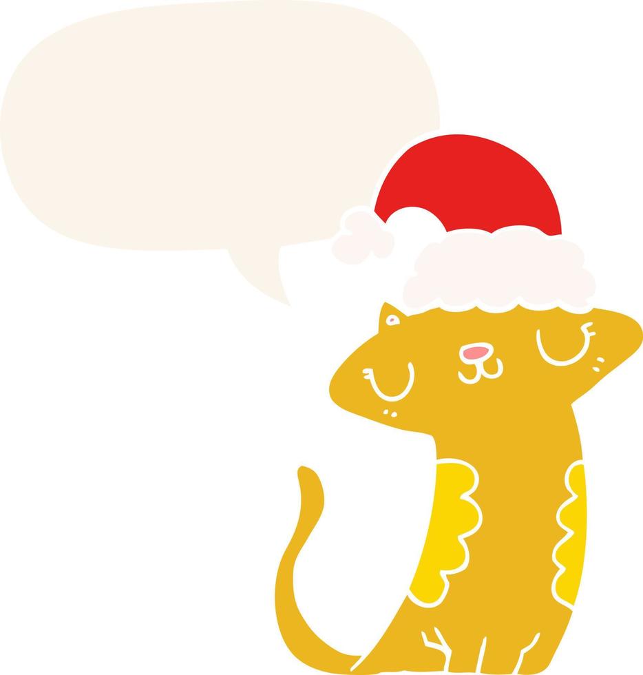 lindo gato de dibujos animados con sombrero de navidad y burbuja de habla en estilo retro vector