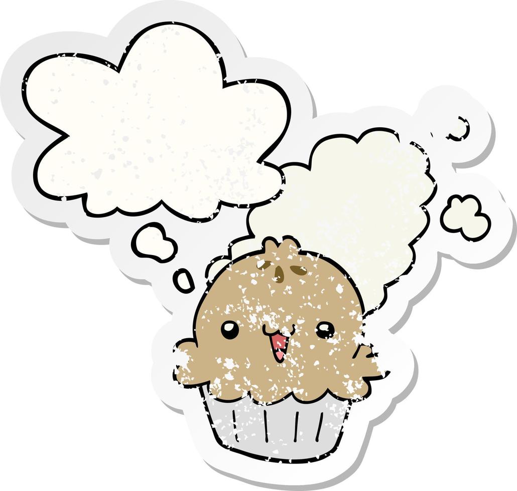 cute cartoon pie and thought bubble as a distressed worn sticker vector