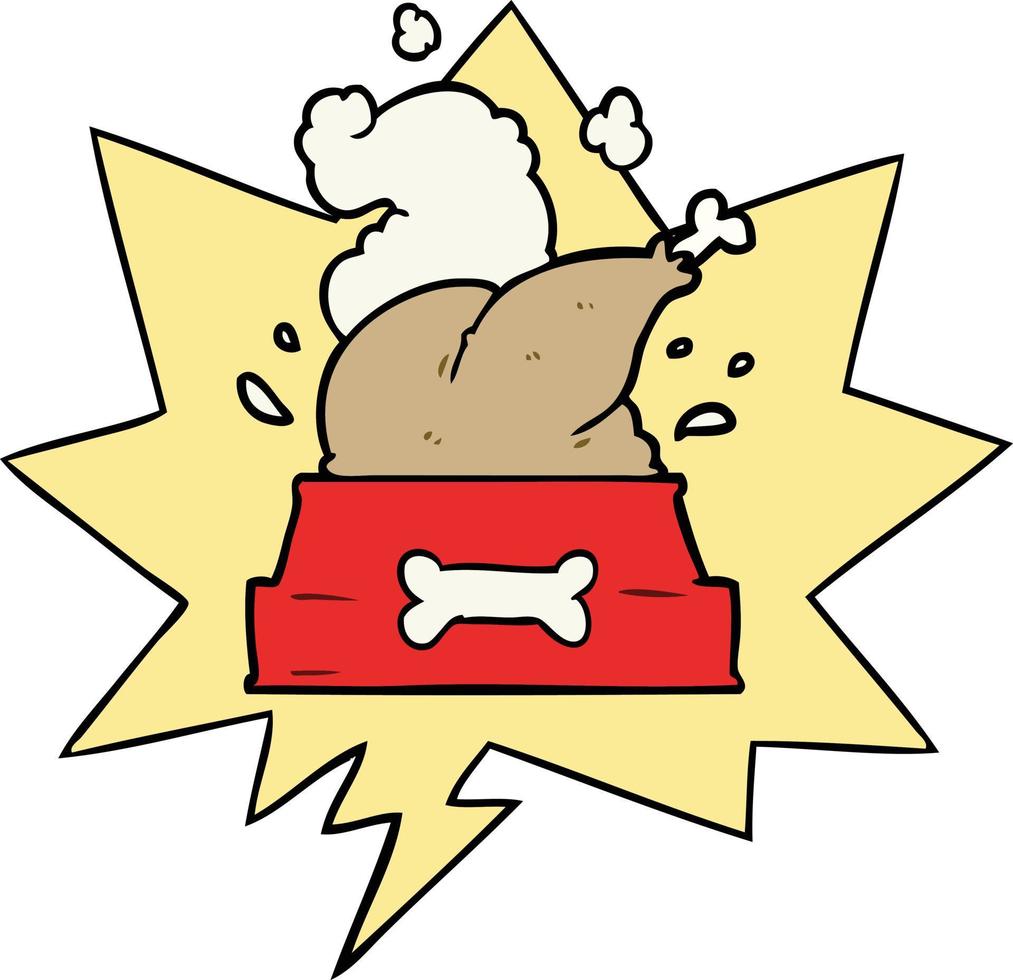cartoon whole cooked turkey crammed into a dog bowl for a happy christmas pup and speech bubble vector