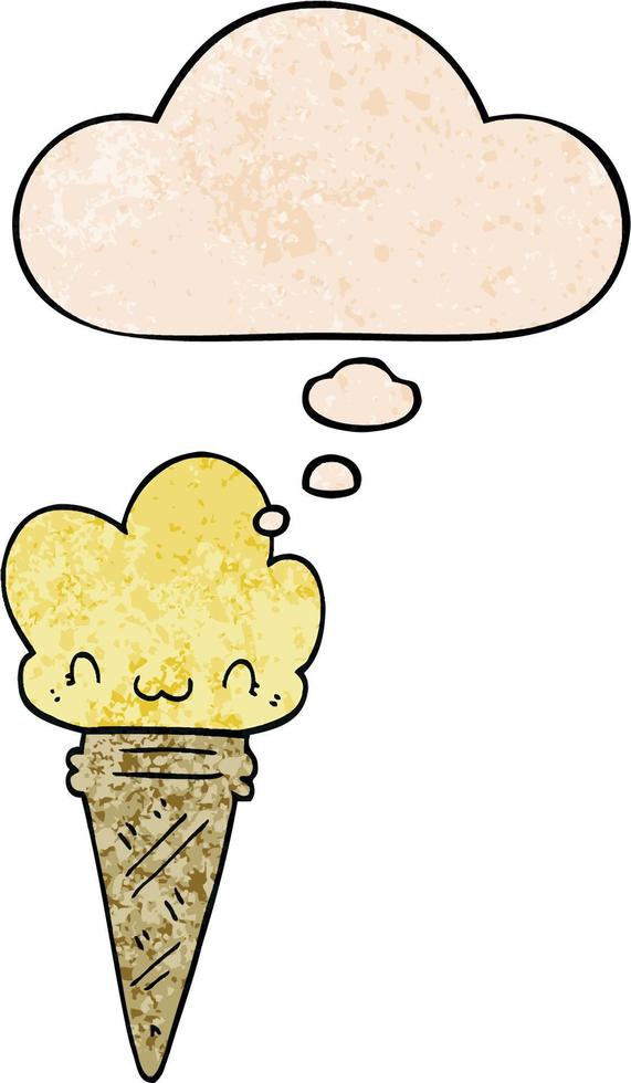 cartoon ice cream with face and thought bubble in grunge texture pattern style vector