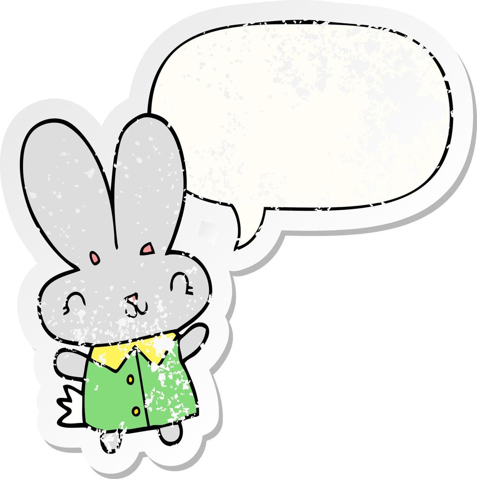 cute cartoon tiny rabbit and speech bubble distressed sticker vector
