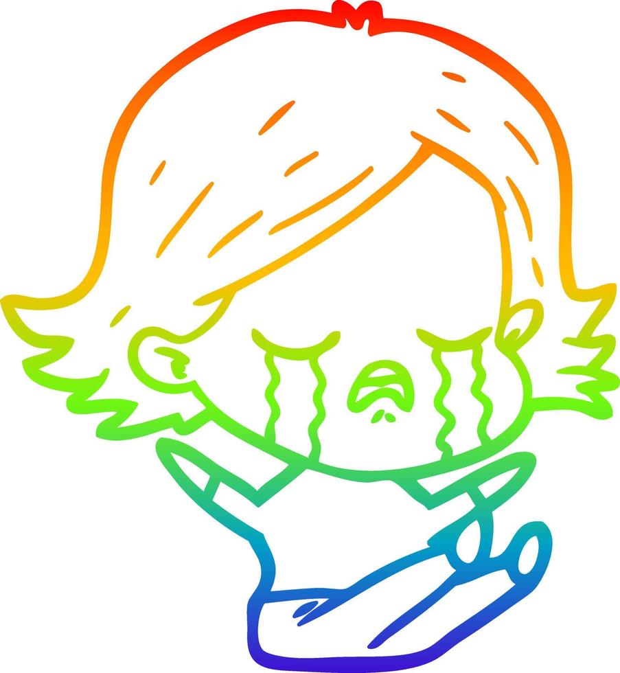 dibujo de línea de gradiente de arco iris niña de dibujos animados llorando vector