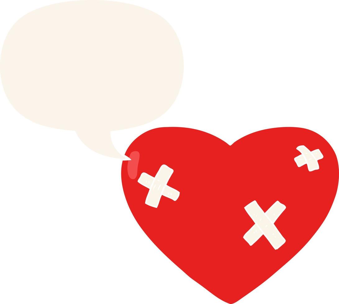 cartoon beaten up heart and speech bubble in retro style vector