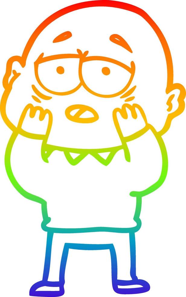 rainbow gradient line drawing cartoon tired bald man vector