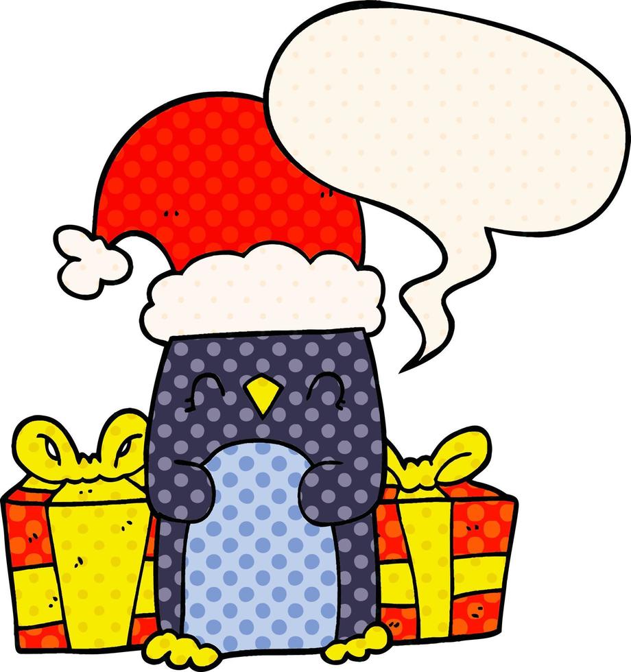 cute christmas penguin and speech bubble in comic book style vector