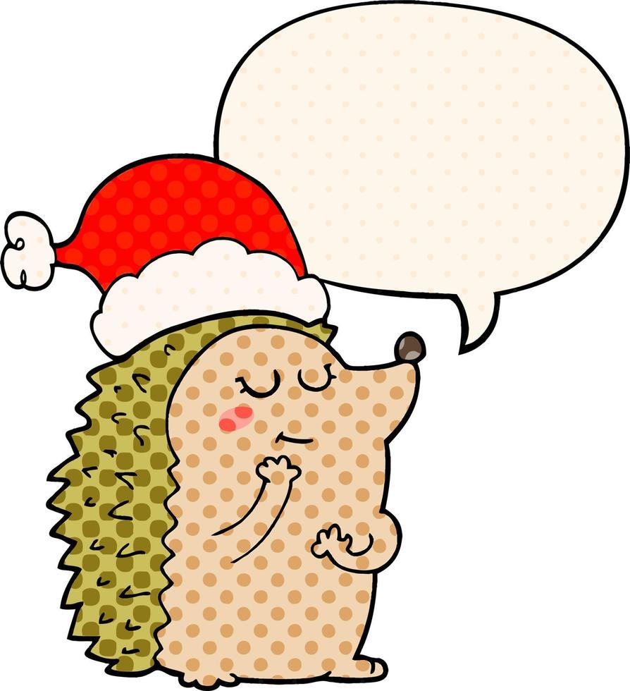 cartoon hedgehog wearing christmas hat and speech bubble in comic book style vector