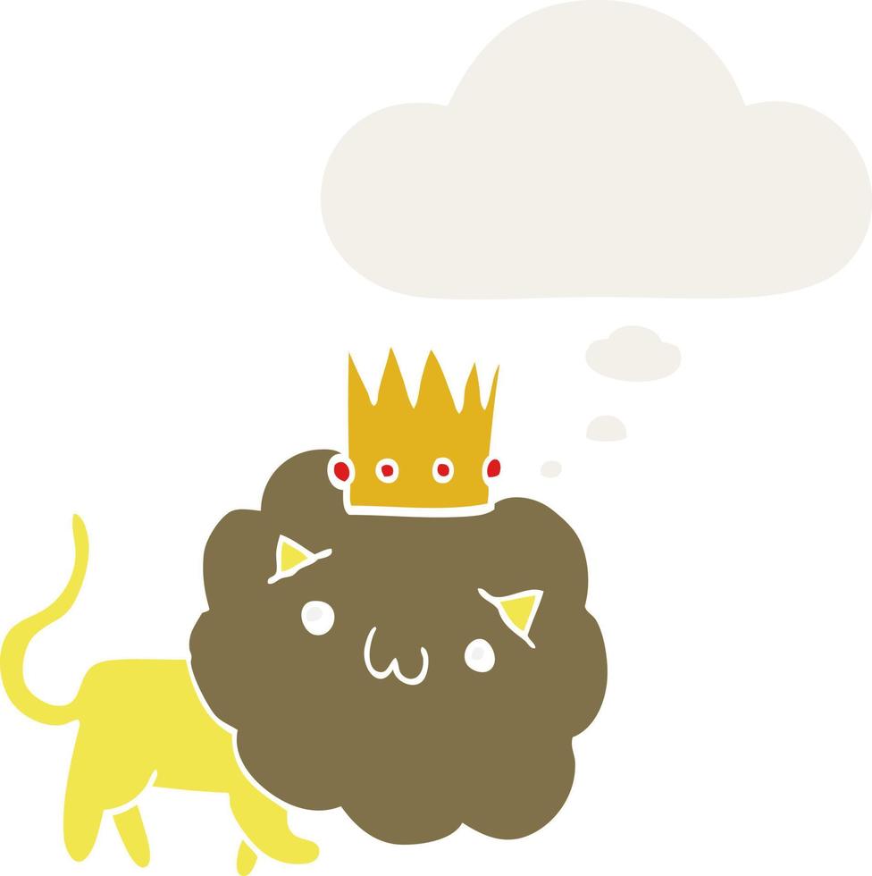 cartoon lion with crown and thought bubble in retro style vector