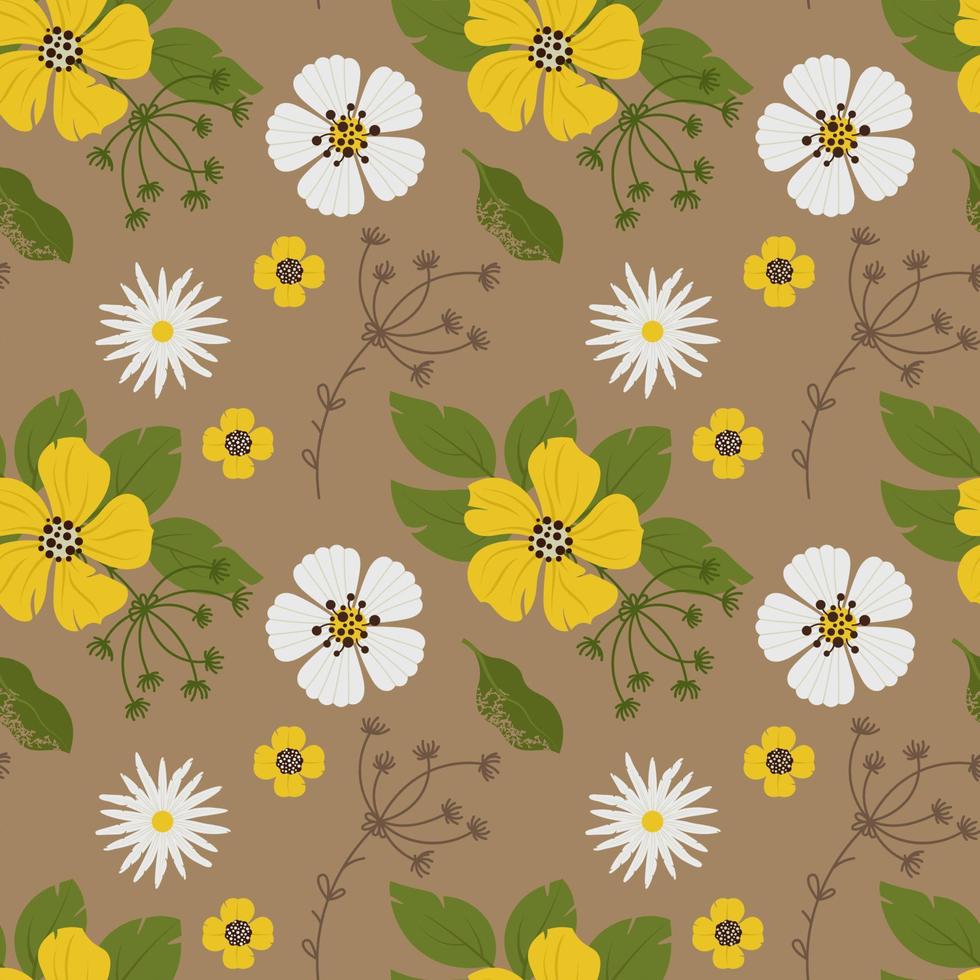 Floral simple pattern with wildflowers and leaves in autumn colors. Vector illustration in hand drawn style