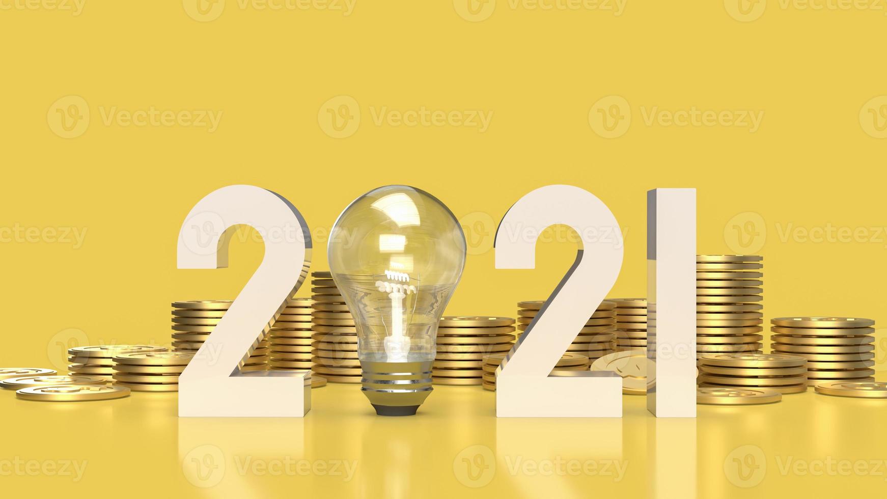 The number 2021 and gold coins  on yellow background 3d rendering. photo