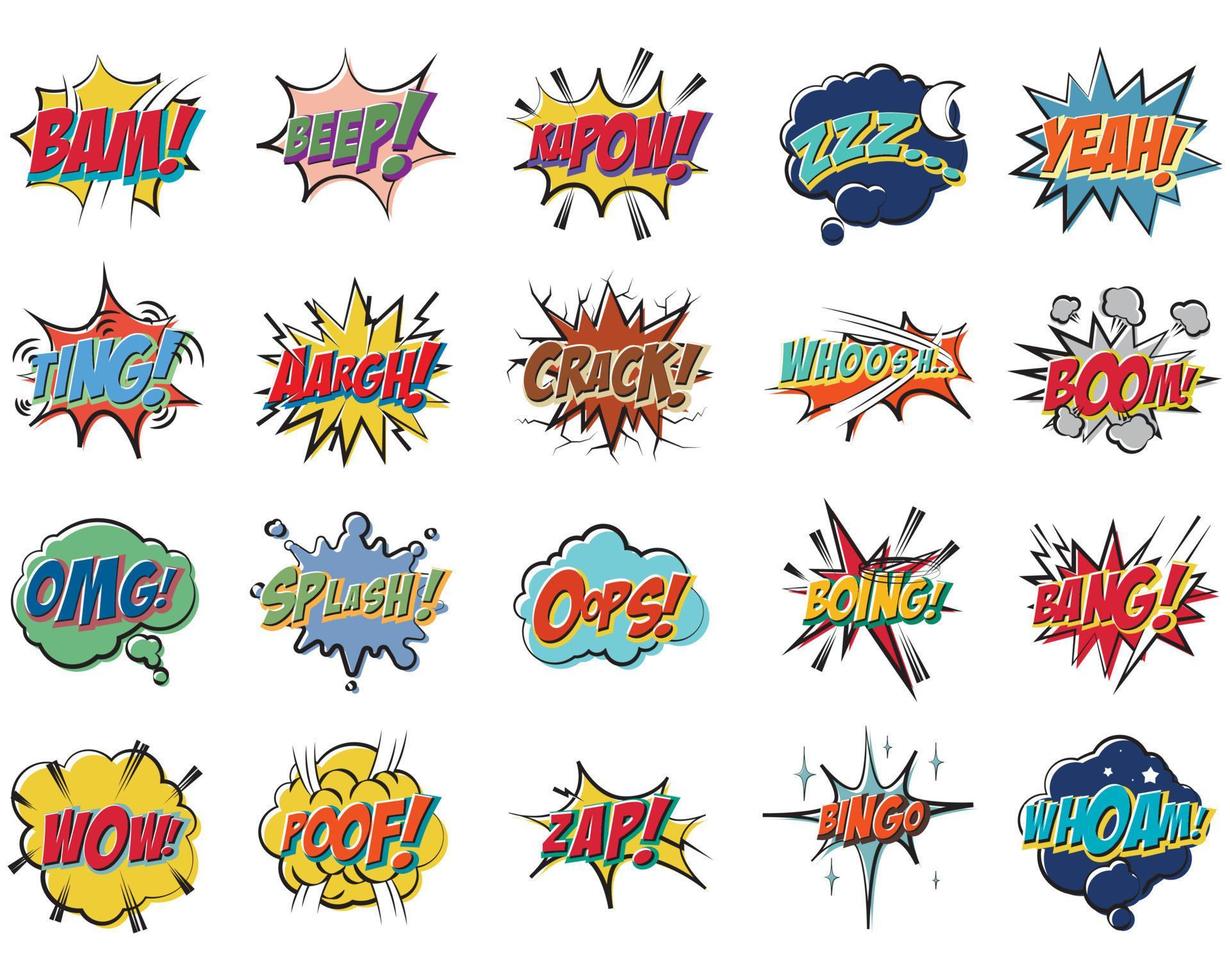 Comic book bubbles doodle set. Collection of cartoon emotional colour explosions funny comical speech clouds comics words thinking dream bubbles graphic text conversation design elements illustration vector