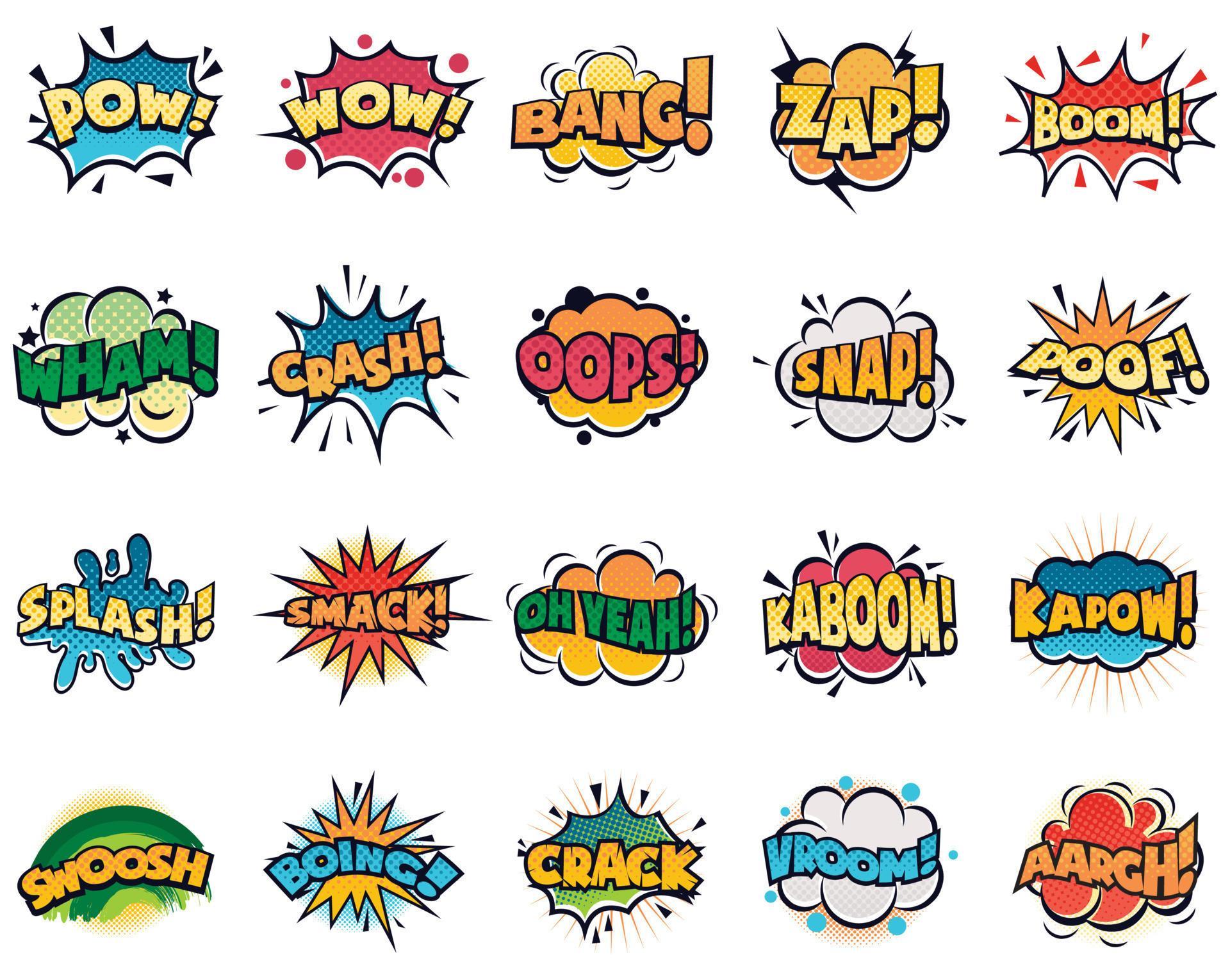 Comic speech bubble. Cartoon comic book text clouds. Comic pop art book pow, oops, wow, boom