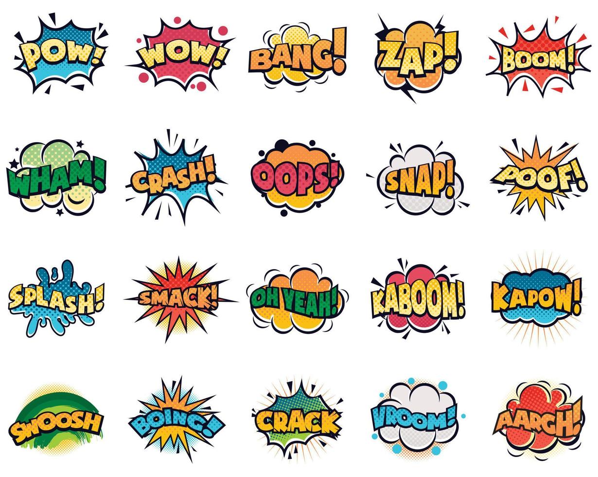 Comic speech bubble. Cartoon comic book text clouds. Comic pop art book pow, oops, wow, boom exclamation signs vector comics words set. Creative retro balloons with funny slang phrases and expressions