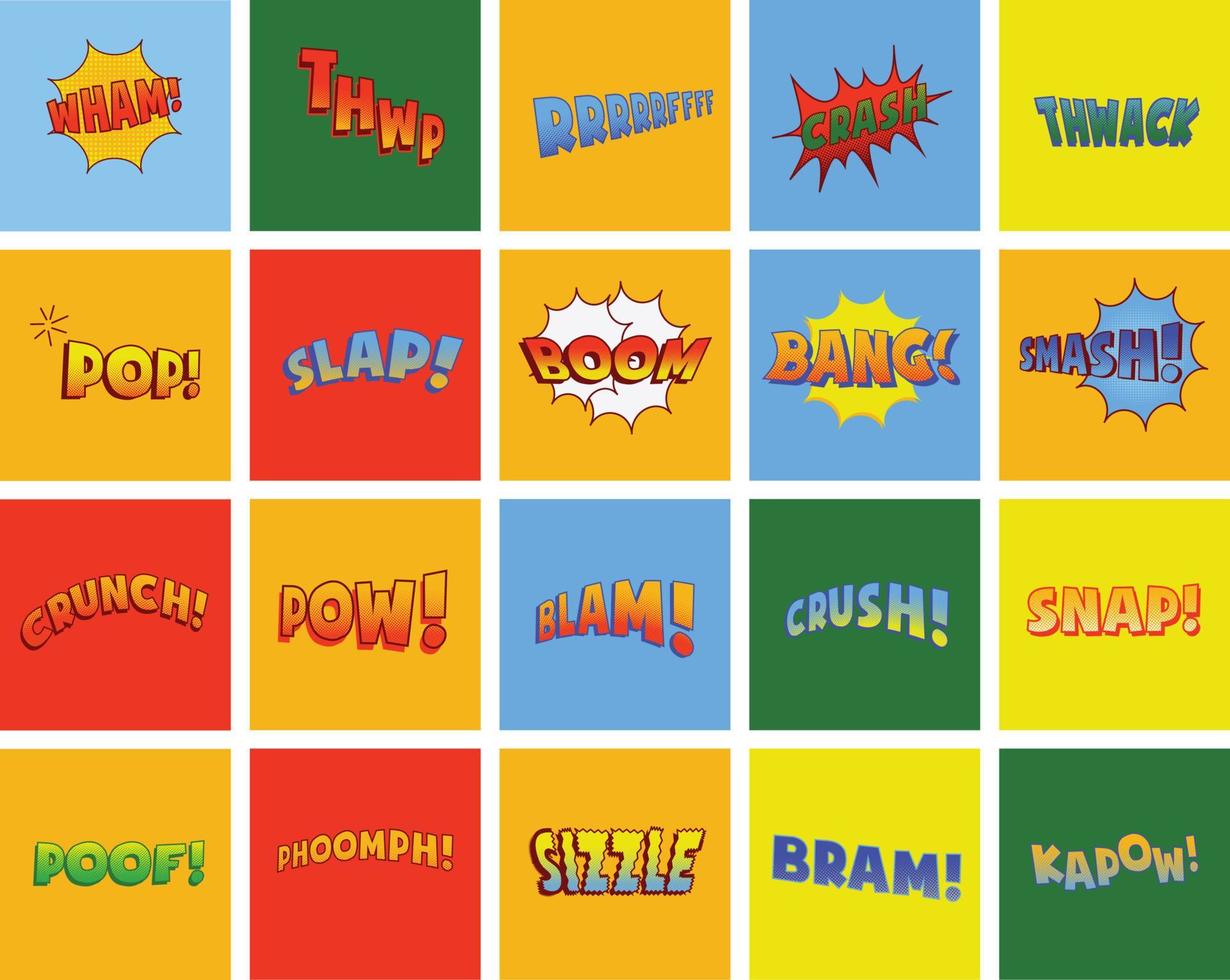 Comic speech bubbles or sound replicas for kaboom explosion, crash and wham, oops and oh, pow and boom bomb, snap and z-z-z, omg and angry argh. Onomatopoeia and exclamation theme vector