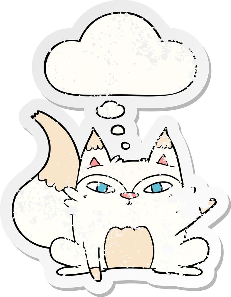 cartoon arctic fox and thought bubble as a distressed worn sticker vector