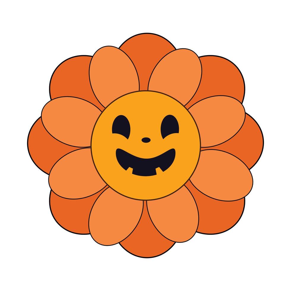 Spooky retro daisy flower orange pumpkin style with scary funny face. Groovy retro Halloween clip art design element, t shirt print vector