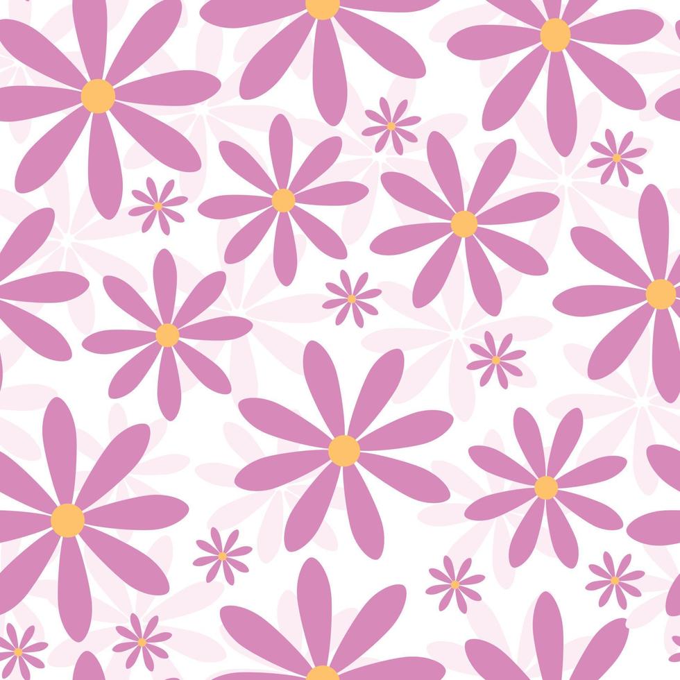 lindo fondo floral sin costuras con flores de margarita rosa sobre fondo blanco. ilustración vectorial, lindo retro, papel tapiz de manzanilla vintage, diseño textil. vector