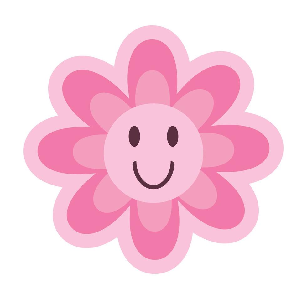 Cute smiling daisy flower in pink color. Vector illustration isolated on white background. Cute clip art, retro, vintage design element. Modern trendy psychedelic smile