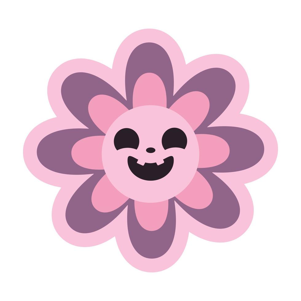 Spooky retro daisy flower with carved pumpkin style face with smile, scary funny emotion. Groovy retro Halloween clip art design element, t shirt print. vector