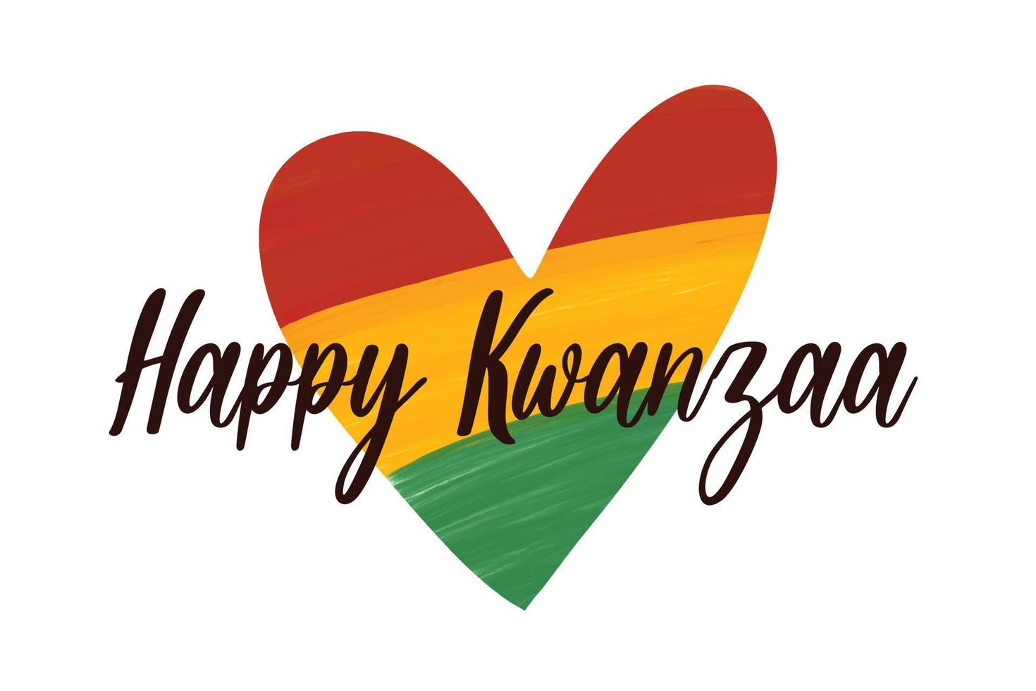 Hand drawn with brush artistic grunge textured heart in colors of Pan African flag - red, yellow, green. African American flag colored greeting card with script lettering - Happy Kwanzaa. vector