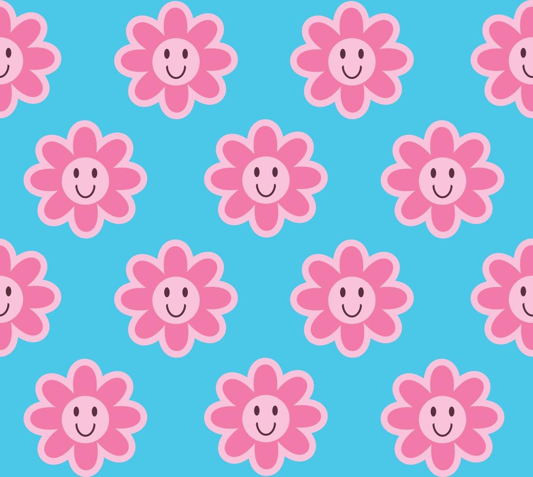 Cute seamless pattern background with smiling daisy flower in pink color on bright blue backdrop. Vector illustration, sweet y2k retro, vintage wallpaper, textile design. trendy psychedelic print