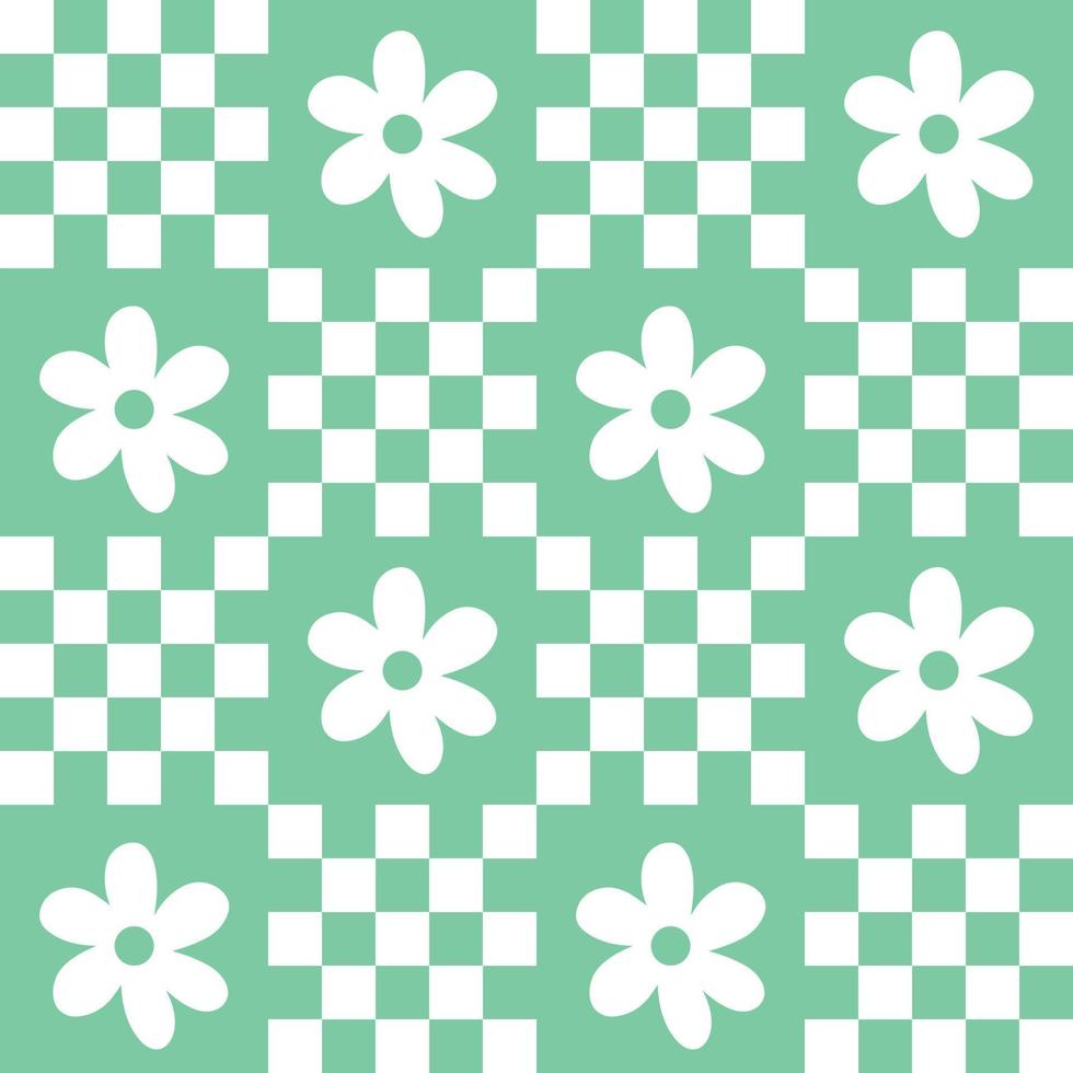 Cute patchwork floral seamless pattern background, teal turquoise green monochrome checkerboard and daisy backdrop. Modern, trendy vector design, aesthetic print for textile, wallpaper