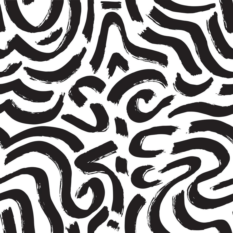 Fondo de patrón abstracto artístico sin costuras con formas de trazo irregular de pincel de pintura de tinta negra. impresión texturizada grunge moderna monocromática en blanco y negro, papel pintado, textil. vector