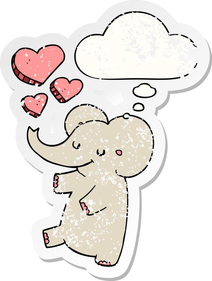 cartoon elephant with love hearts and thought bubble as a distressed worn sticker vector