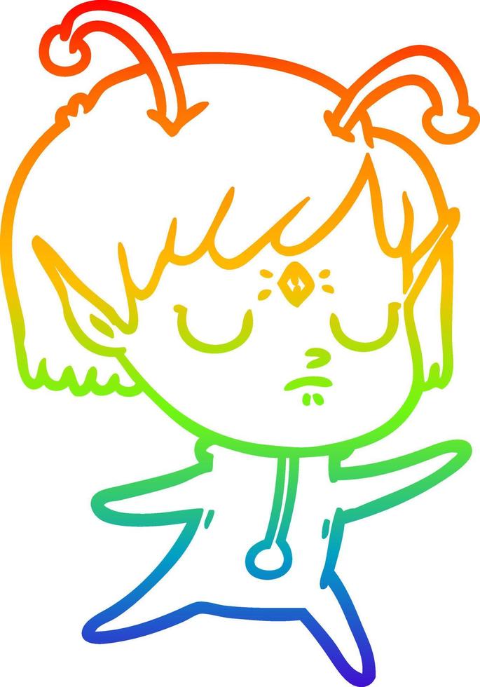 rainbow gradient line drawing cartoon alien girl vector