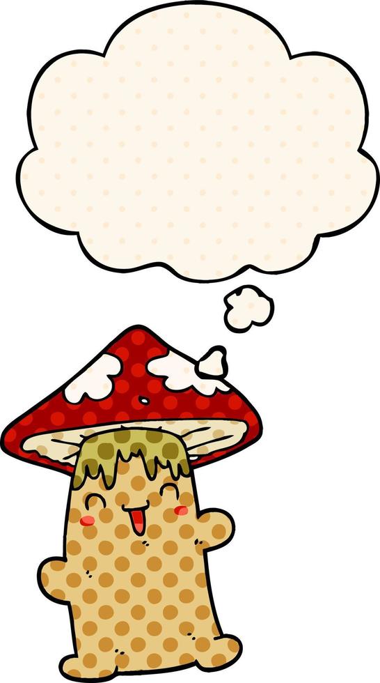 cartoon mushroom character and thought bubble in comic book style vector