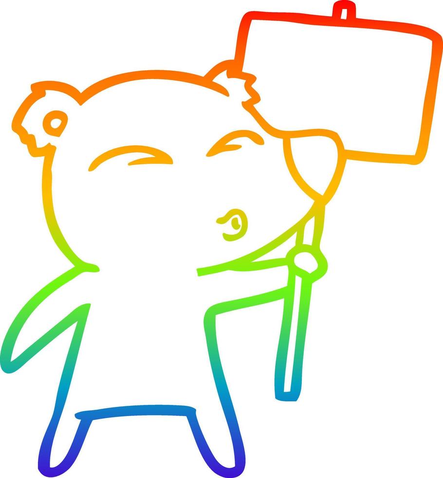 rainbow gradient line drawing cartoon polar bear with placard vector