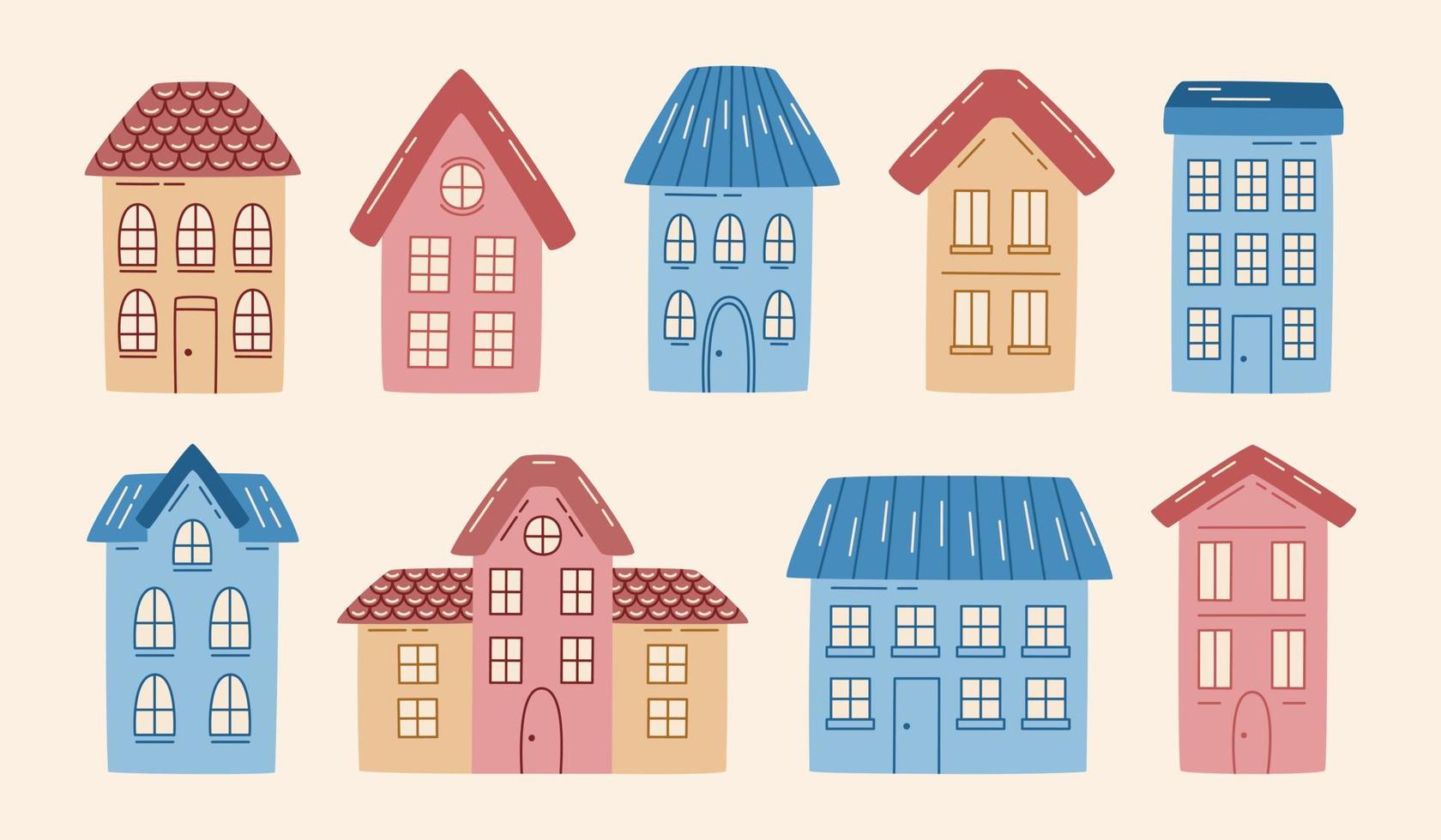 Collection of various minimalist doodle houses. Hand drawn cute city buildings. vector