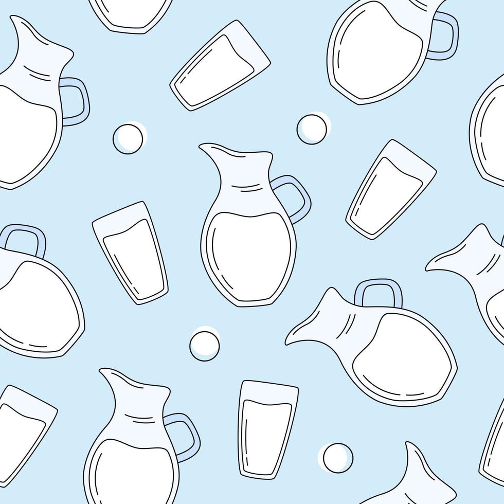 Milk seamless pattern with jugs of milk and glasses of milk in flat style. Farm products. vector
