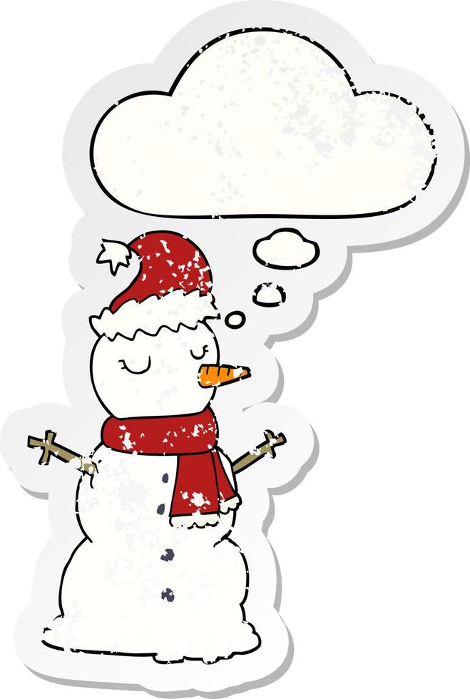 cartoon snowman and thought bubble as a distressed worn sticker vector