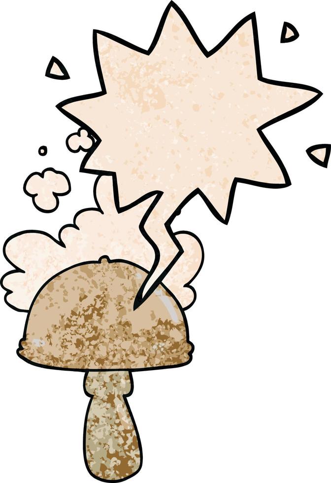 cartoon mushroom and spore cloud and speech bubble in retro texture style vector