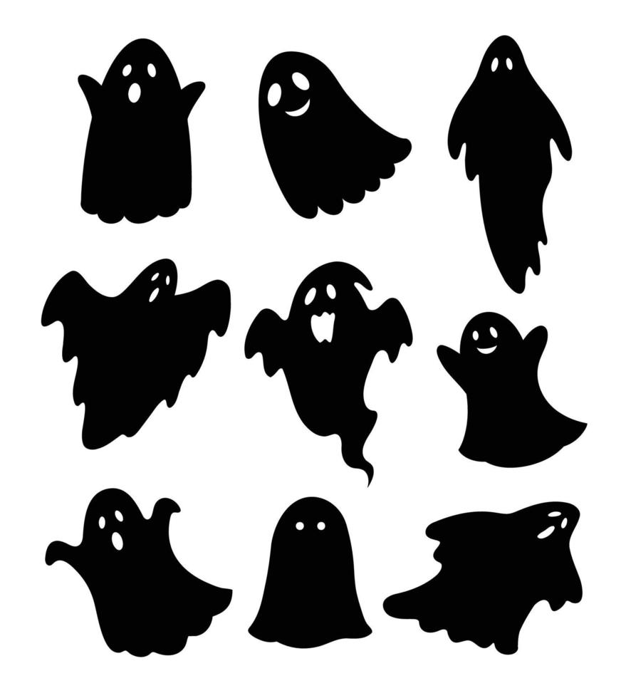 conjunto de dibujos animados dibujados a mano de fantasmas de halloween. siluetas de fantasmas volando sobre fondo blanco. vector