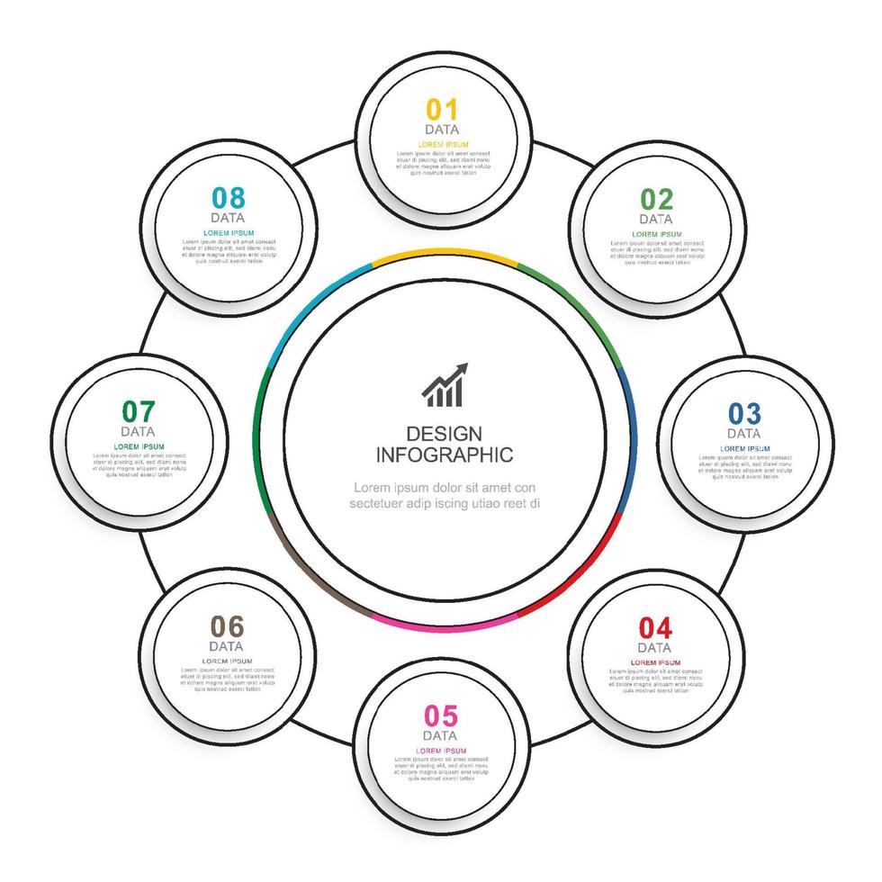 línea de tiempo de círculo de infografía con plantilla de datos de 8 números. fondo abstracto de ilustración vectorial. vector