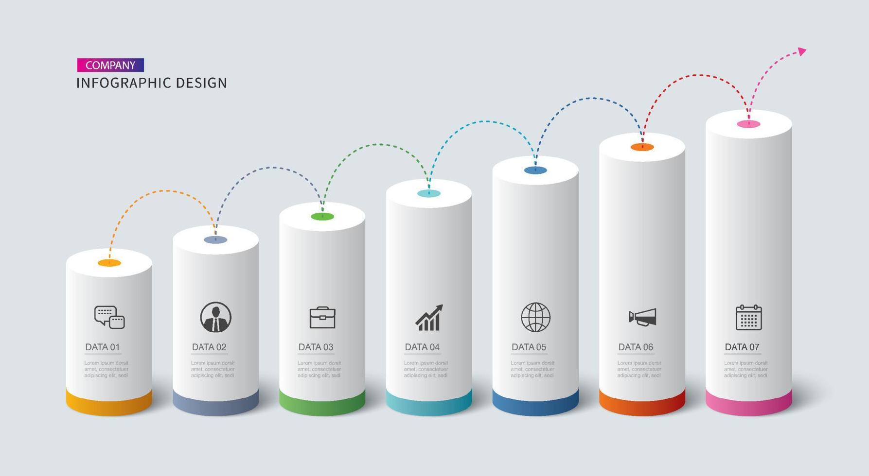Infographics  cylinder timeline with 7 number data template. Vector illustration abstract background.