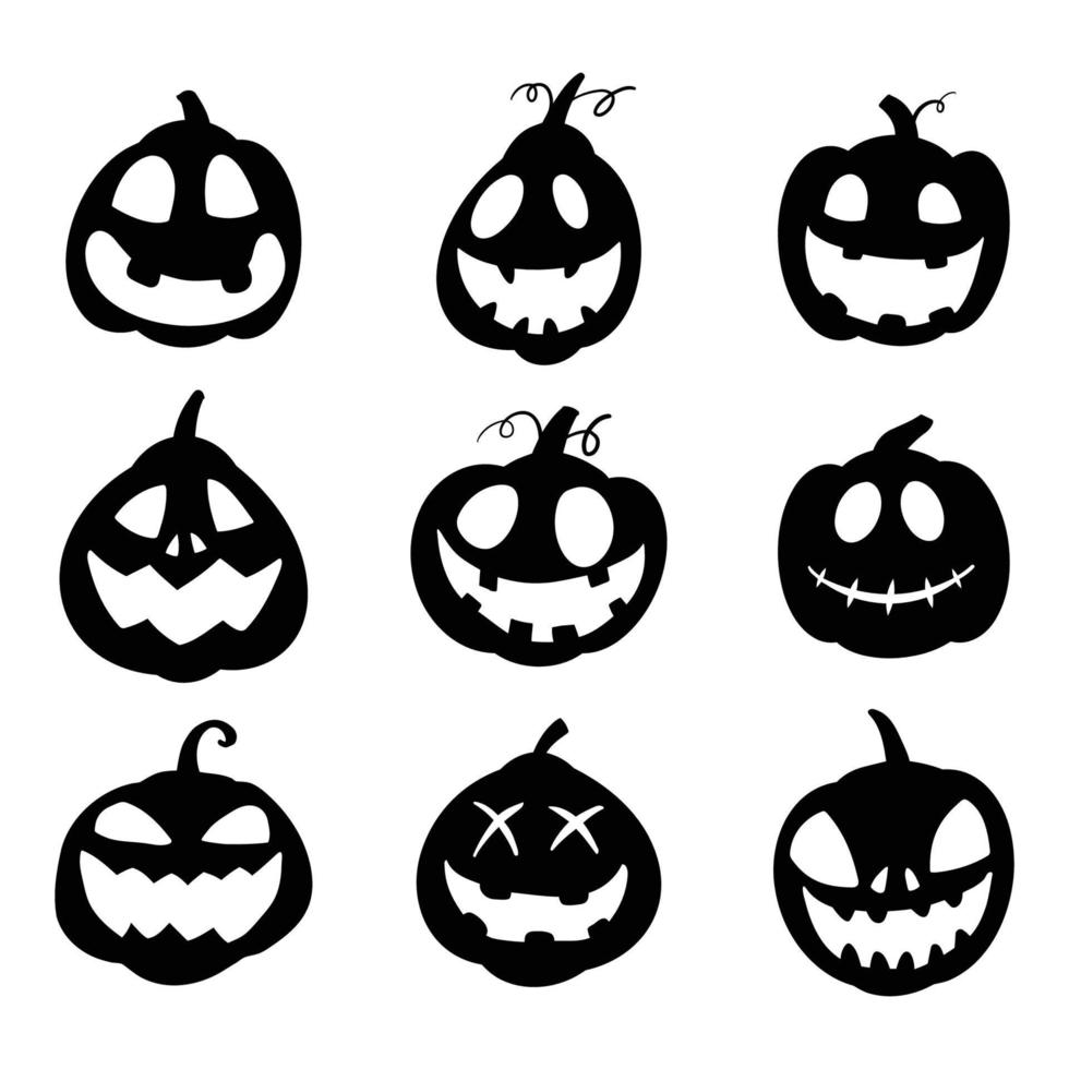 conjunto de iconos de caras de calabaza de halloween. siluetas de calabaza sonríen sobre fondo blanco. vector