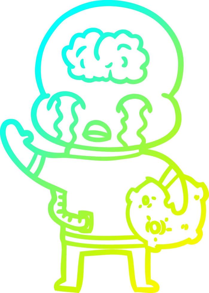 cold gradient line drawing cartoon big brain alien crying and waving goodbye vector