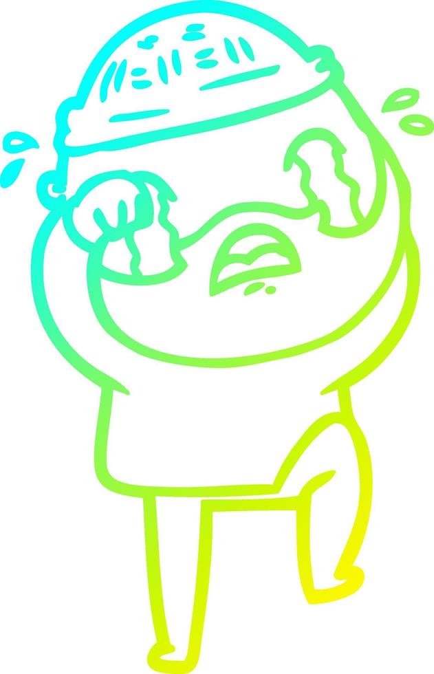 cold gradient line drawing cartoon bearded man crying and stamping foot vector