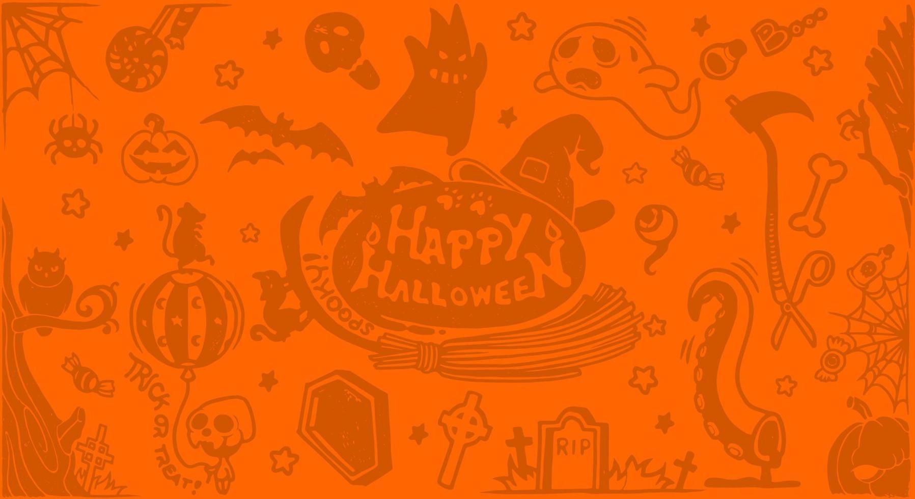 Halloween symbols for background, backgrounds with pumpkins, skulls, bats, spiders, ghosts, bones, candies, spider webs and many more. vector