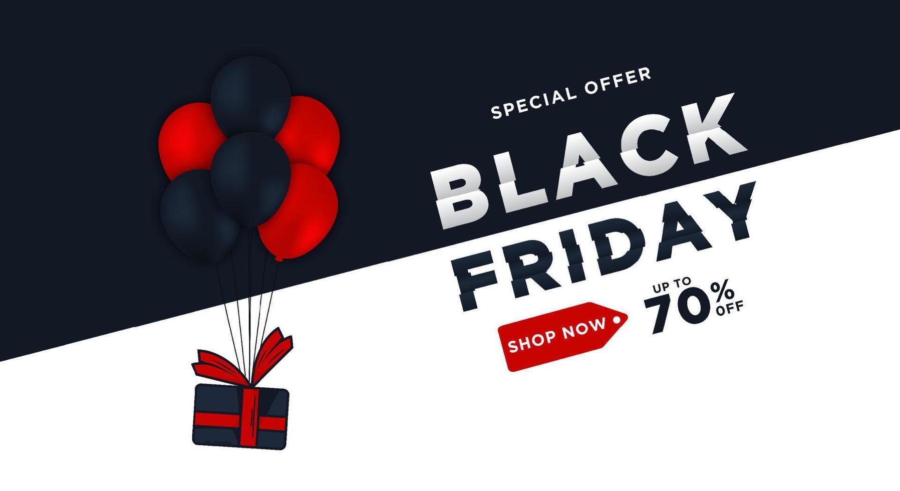 Black Friday sale web banner template. Dark and light background with red and black balloons for seasonal discount offers. vector