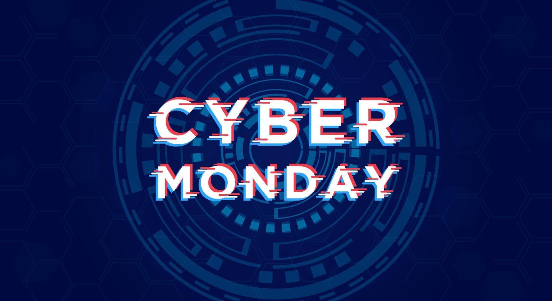 banner de promoción del lunes cibernético con líneas en la pantalla de falla. . cartel publicitario o diseño de banner con elementos abstractos sobre fondo azul. vector