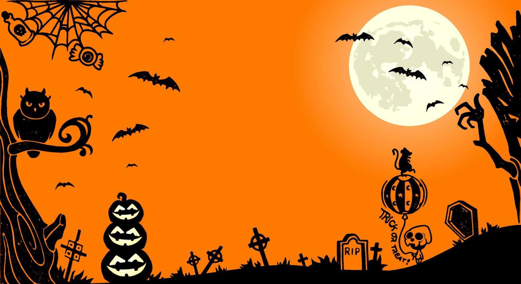 Halloween night background with a cemetery, pumpkins and moon. vector